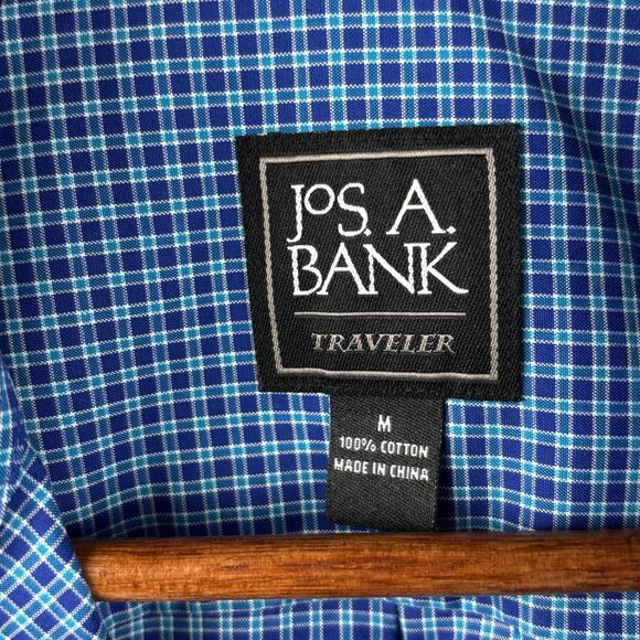 Jos A Banks Men Dress Shirt Medium Blue check Long Sleeve Traveler Cotton - Picture 4 of 7